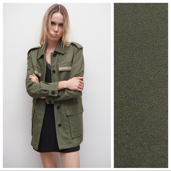 NWT. Zara Khaki Shiny Combined Jacket. Size XS. - Picture 2 of 9